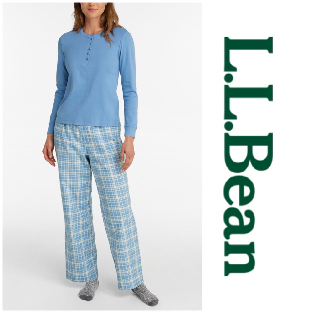 L.L. Bean Women's Cozy PJ Set‎ Light Periwinkle Plaid Lounge Sleep Cabin Medium